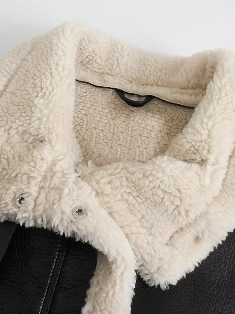FZ women's soft fleece thick warm short PU leather jacket