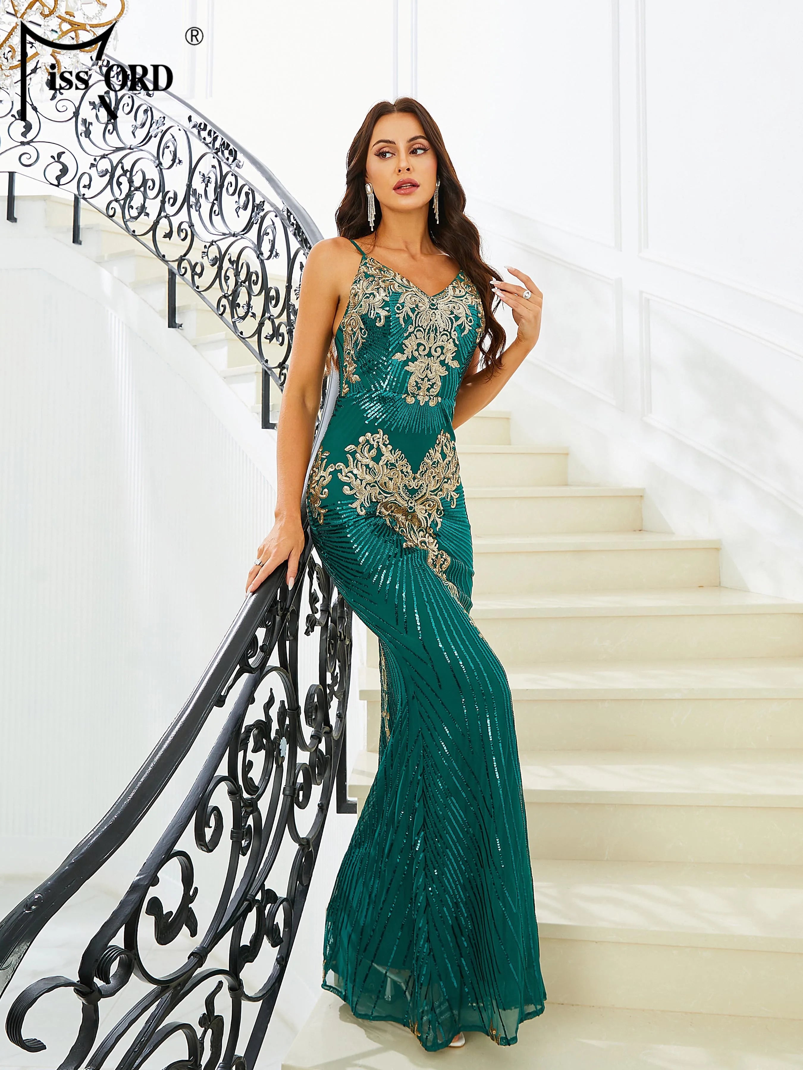 FZ Women's Spaghetti Strap V Neck Print Sequin Mermaid Evening Dress - FZwear