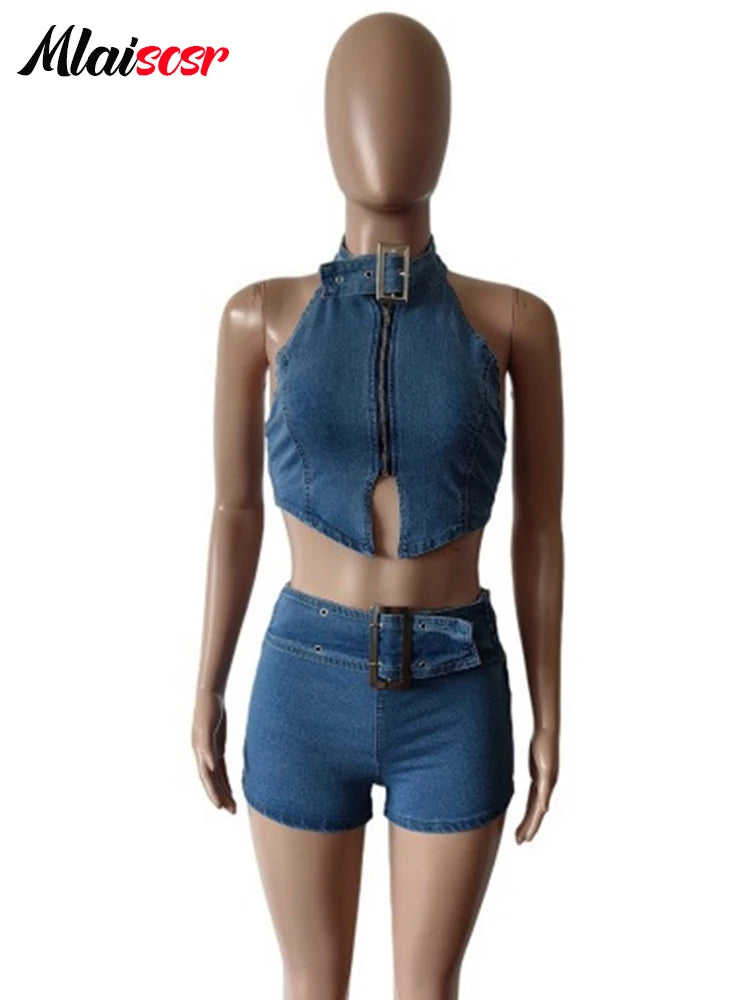 FZ Women's Y2K Cargo Pocket Streetwear 2 Piece Denim Shorts Suit