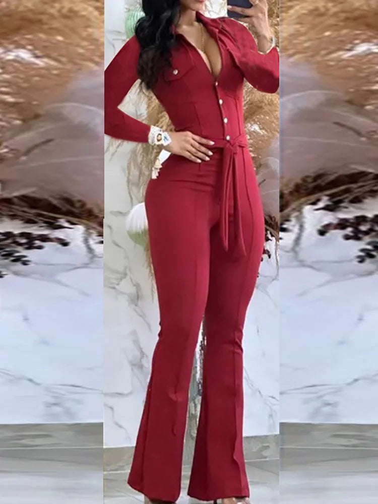 FZ Women's V-Neck Long Sleeve Solid Flare Bottom Jumpsuit - FZwear