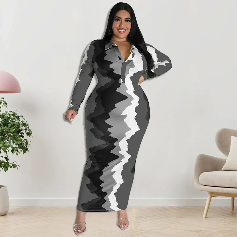 FZ Women's Plus Size Street Trend Wave Print Lapel Maxi Dress