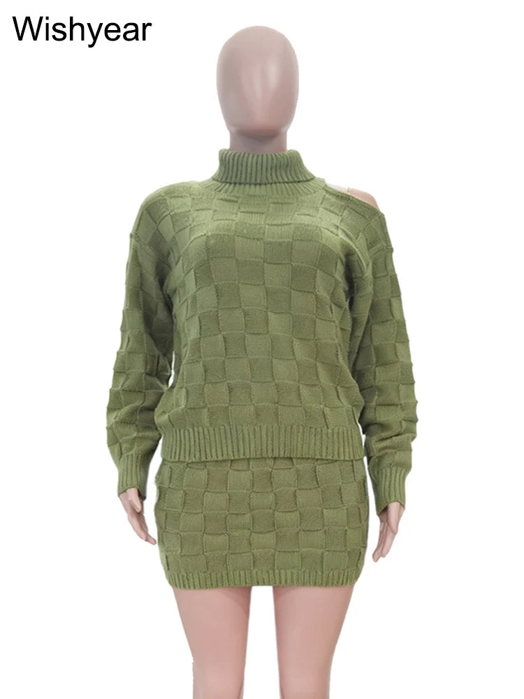 FZ Women's Long Sleeve Turtleneck Grid Knitted 2 Piece Mini Skirt Suit