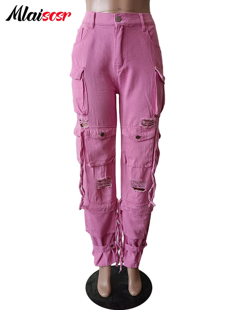 FZ Women's Multi Pockets Wide Legs Washed Street Vintage Denim Pants