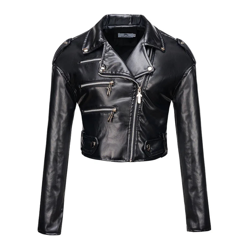FZ Women's high waist long sleeve lapel diagonal zipper PU leather jacket