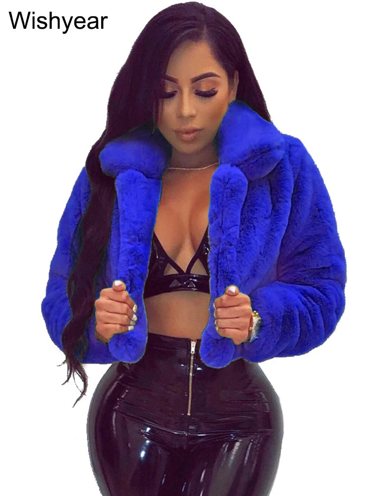 FZ Women's Faux Fur Open Stitch Lapel Crop Winter Fluffy Jacket