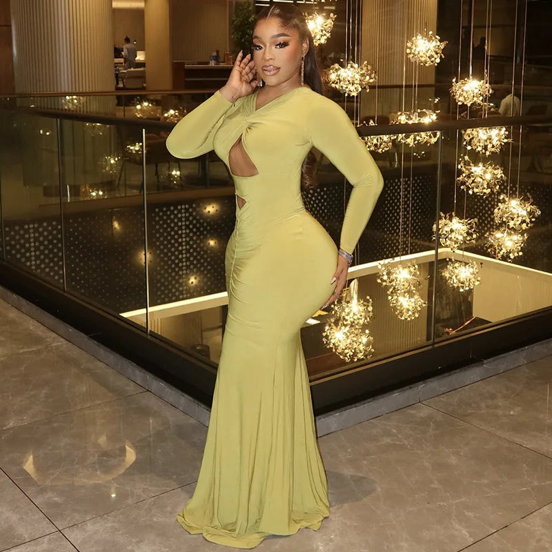 FZ Women's V-neck Hollow Out Long Sleeve Ruched Maxi Dress