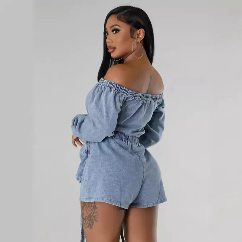 FZ Women's Cargo Elastic Off Shoulder Pockets Ribbon Denim Jumpsuit - FZwear