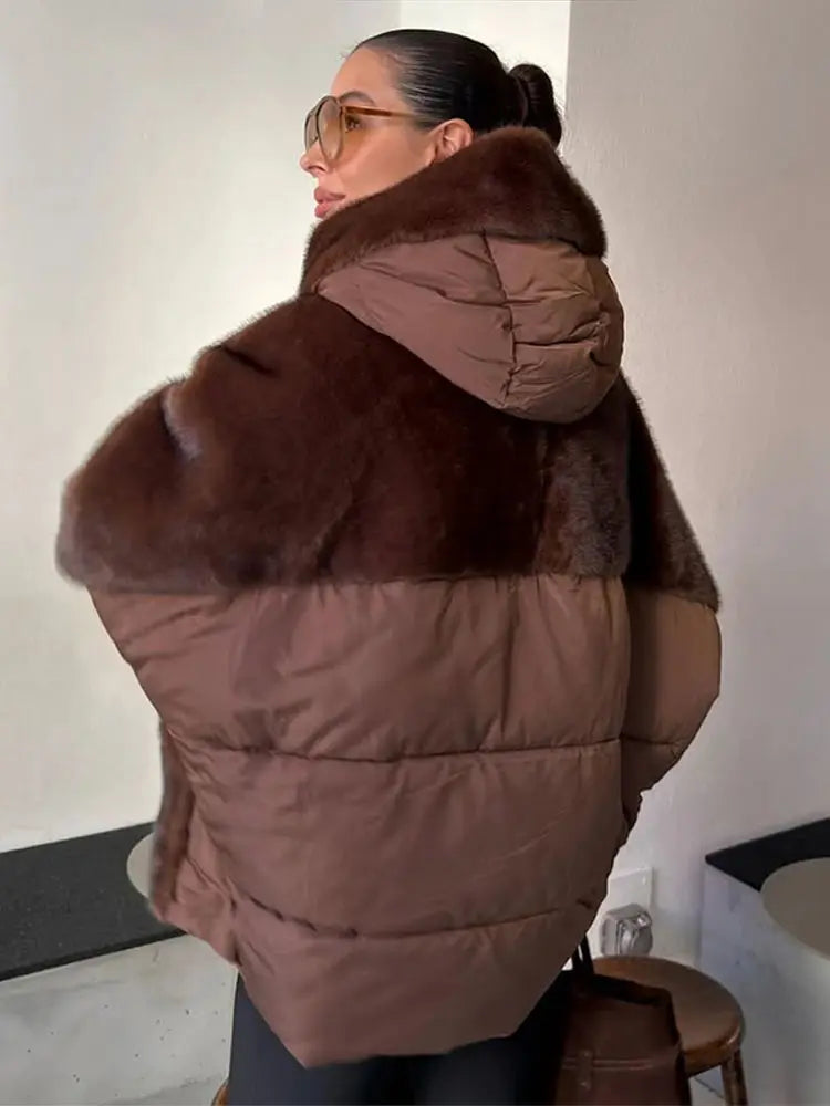 FZ Women's Hooded Patchwork Cotton Faux Fur Oversize Knitted Cuffs Jacket