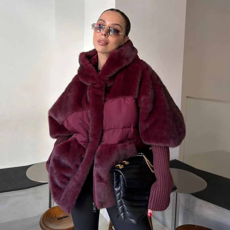 FZ Women's Hooded Patchwork Cotton Faux Fur Oversize Knitted Cuffs Jacket