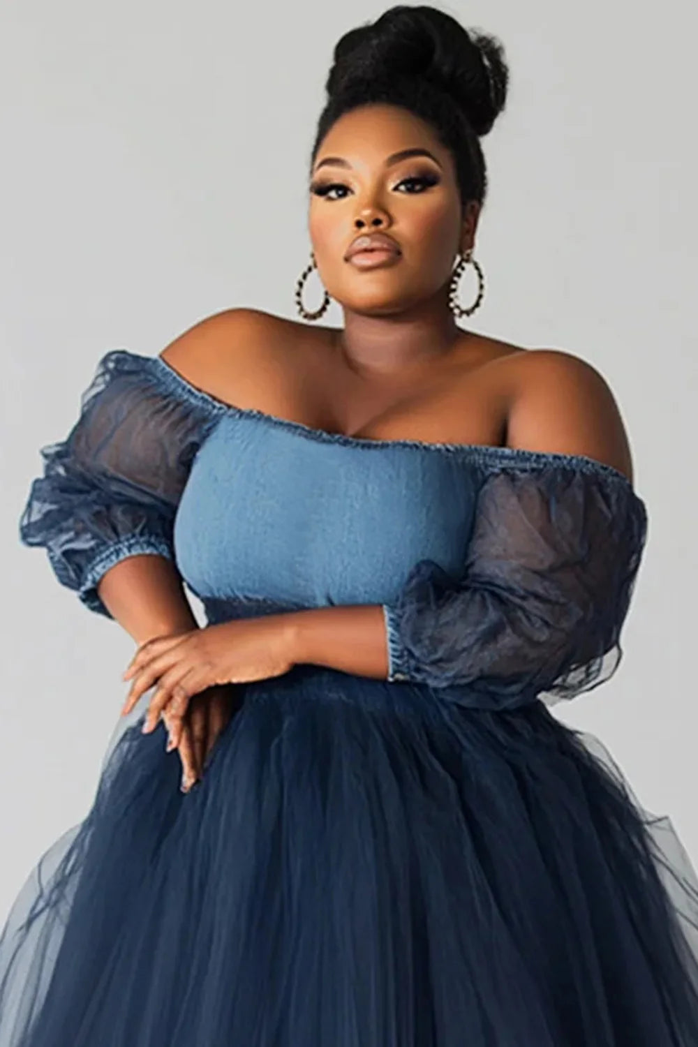 FZ Women's Plus Size Off The Shoulder See Through Contrast Maxi Denim Evening Dress