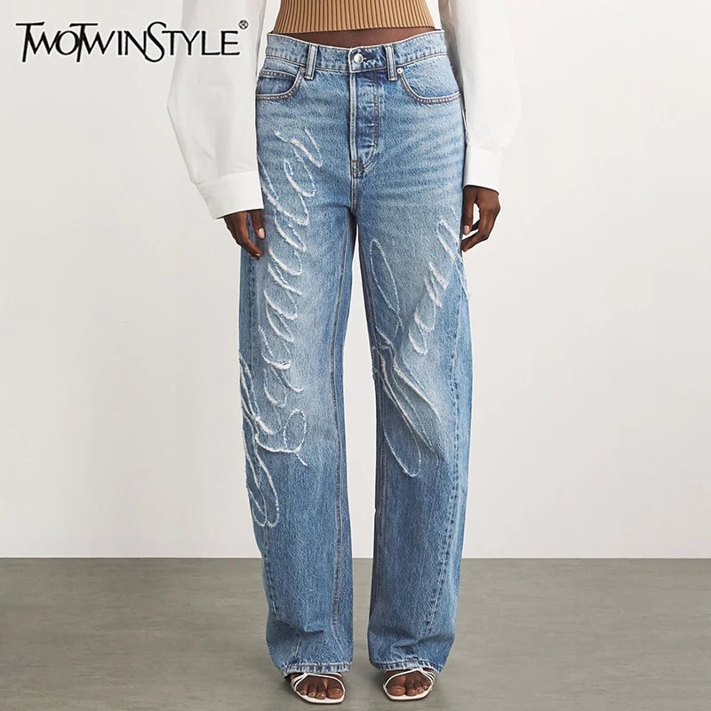 FZ Women's Patchwork Zipper Designer High Waist Loose Wide Leg Denim Pants