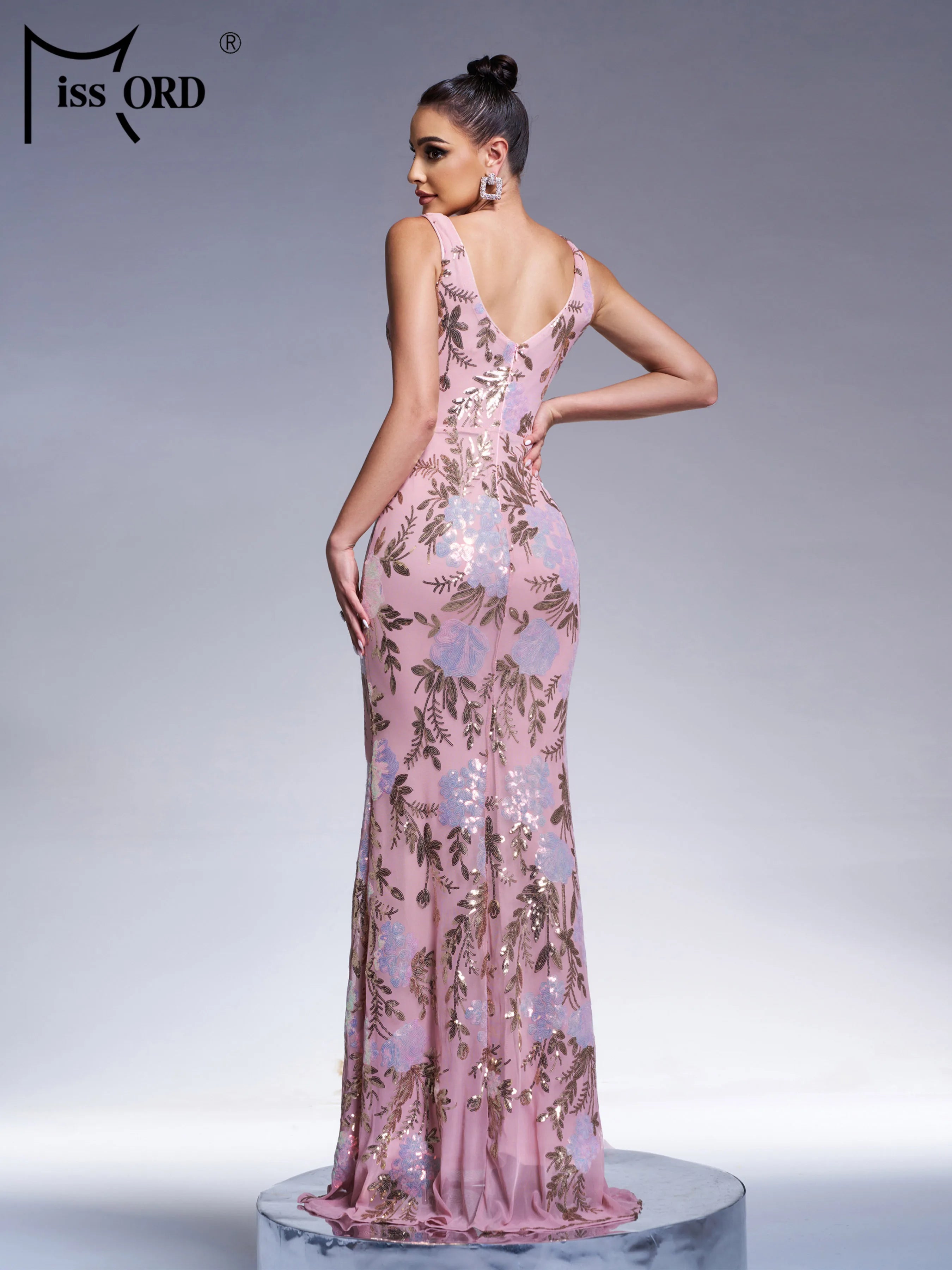 FZ Women's V Neck Sequin Mermaid Cocktail Maxi Evening Dress