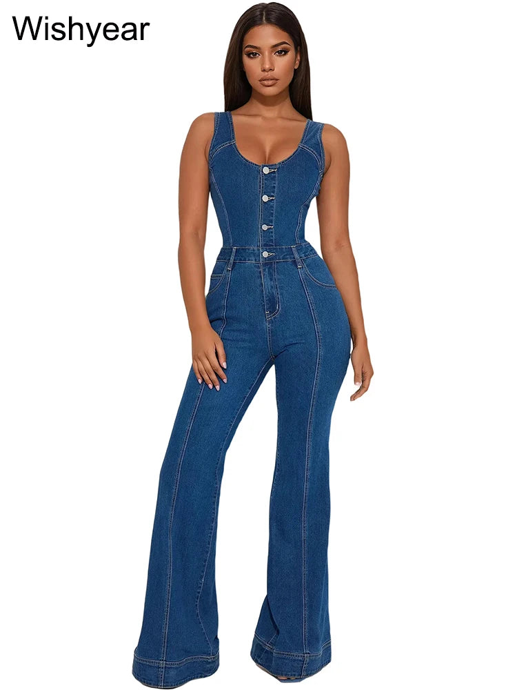 FZ Women's Sleeveless Single Breasted Slim One Piece Vintage Backless Denim Jumpsuit