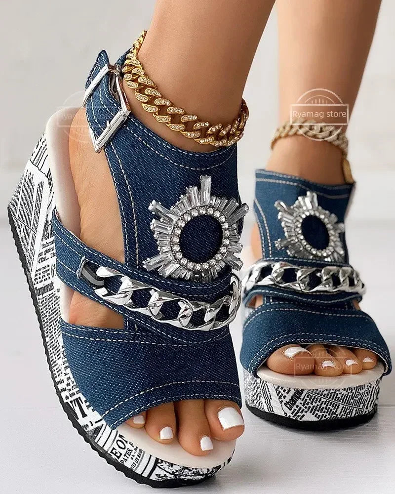 FZ Women's Newspaper Pattern Slingback Platform Wedges Sandal Shoes