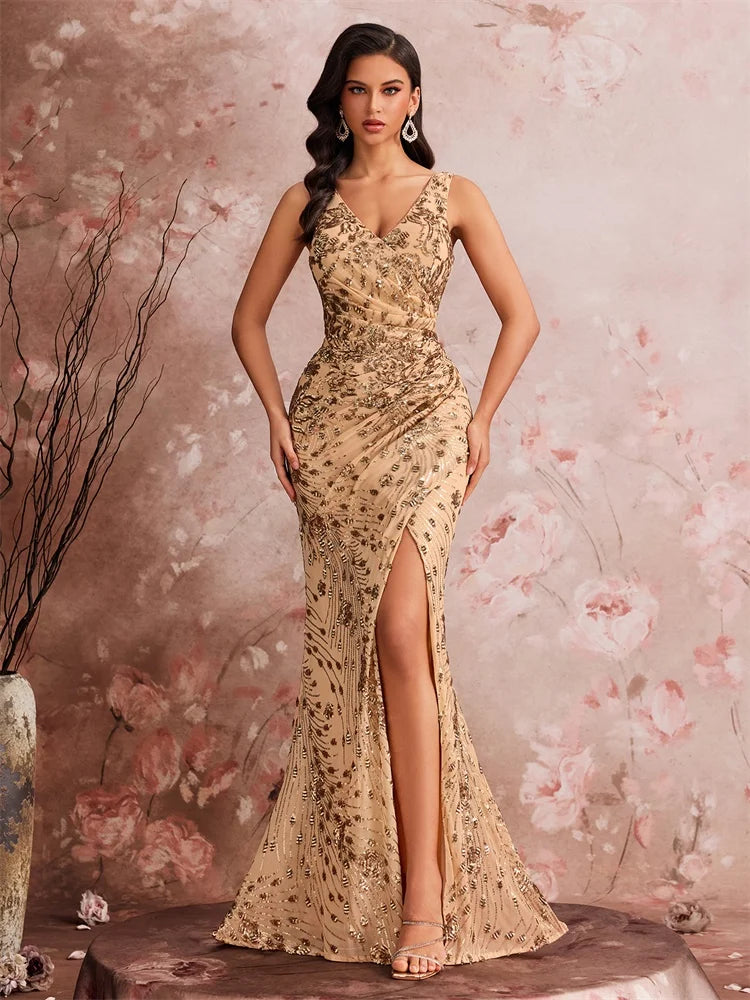 FZ Women's V-neck Slit Sequin Mermaid Deep Cocktail Evening Dress