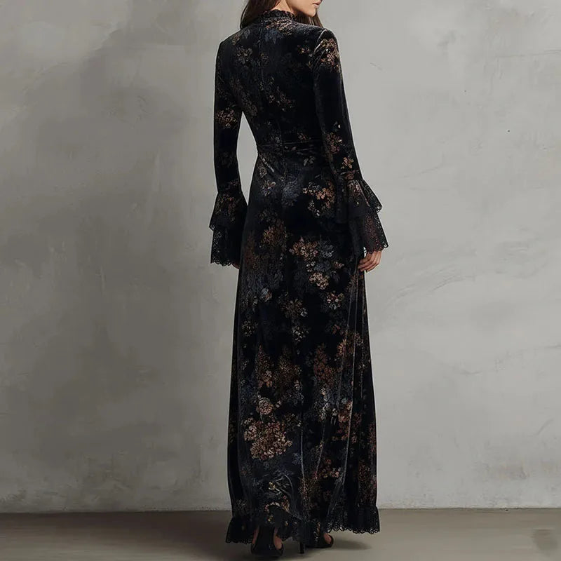 FZ Women's Retro Floral Print Velvet O Neck High Waist Evening Dress