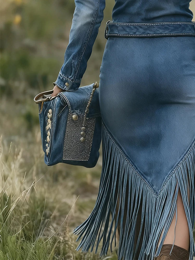 FZ Women's Turn-down Collar Slim Asymmetric Fringe Hem Retro Denim Dress