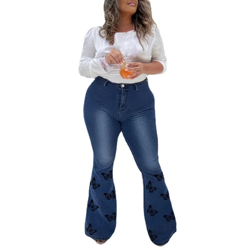 Women's Plus Size Butterfly Print Jeans, Women's Plus Fly Flare Leg Casual Jeans FZwear
