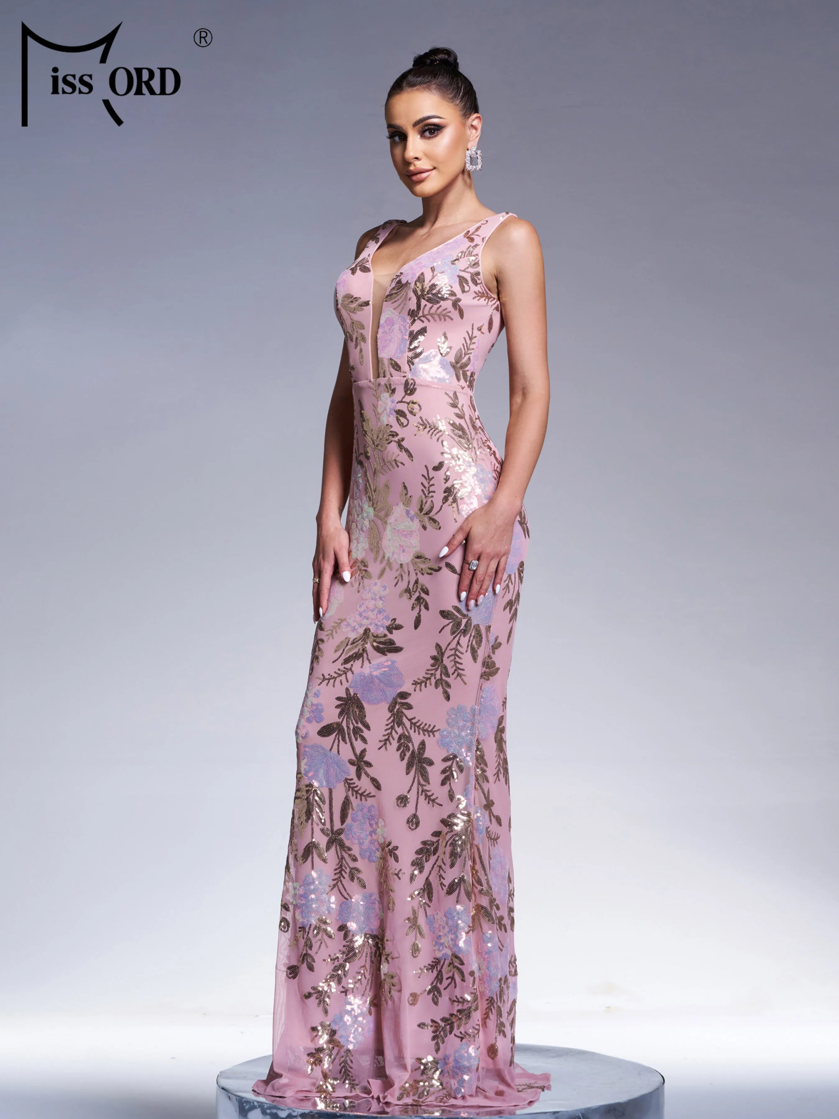 FZ Women's V Neck Sequin Mermaid Cocktail Maxi Evening Dress