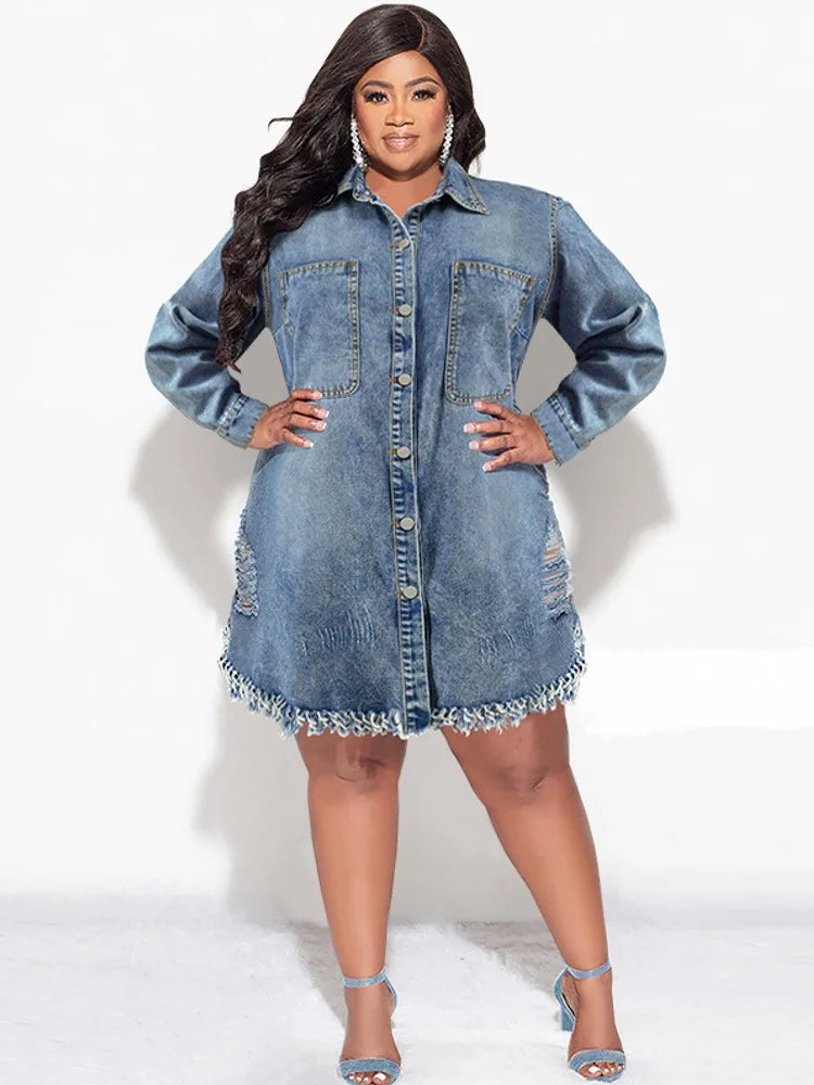 FZ Women's Plus Size Loose Street Style Midi Denim Dress