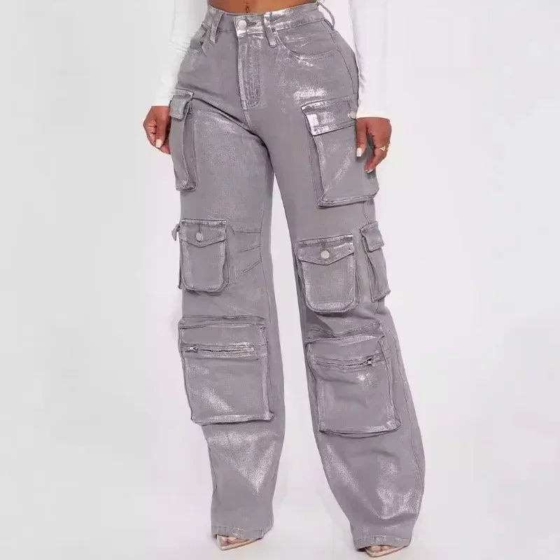 FZ Women's Silver Metallic Gilding Y2K High Waist Multi Pockets Cargo Pants