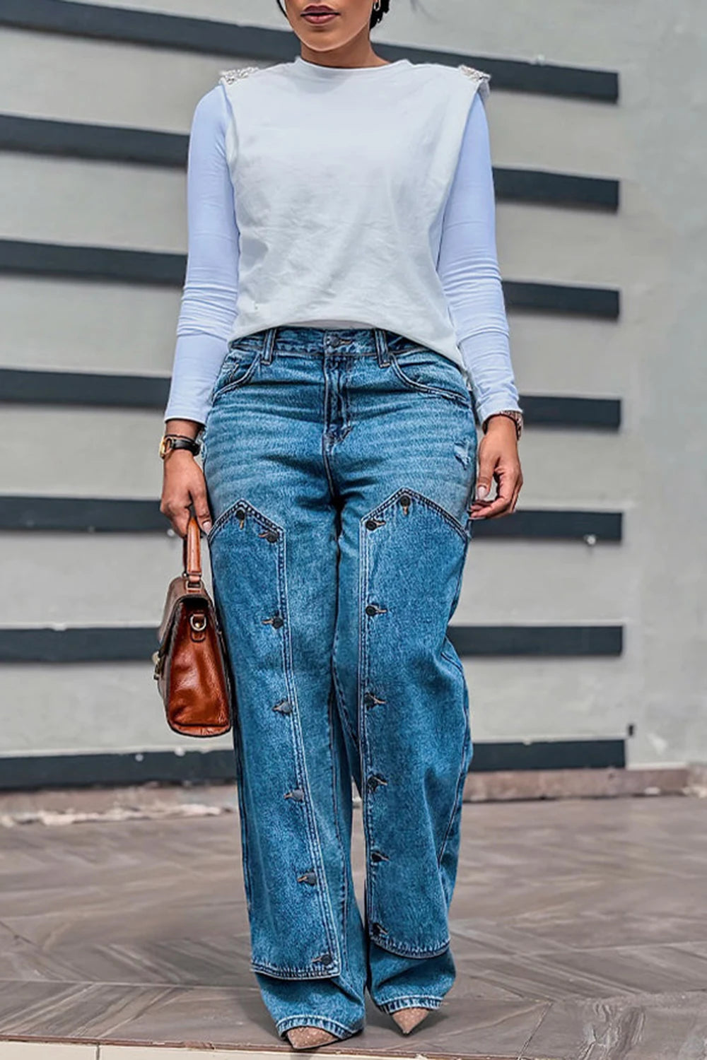 FZ Women's Plus Size Contrast Buttons Pocket Denim Pants