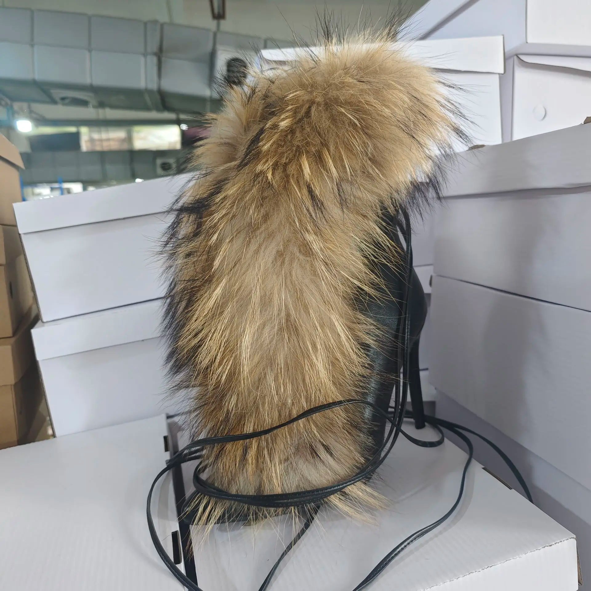 FZ Women's Stiletto Heels Ankle Straps Pointed Toe Fur Mid Calf Boots