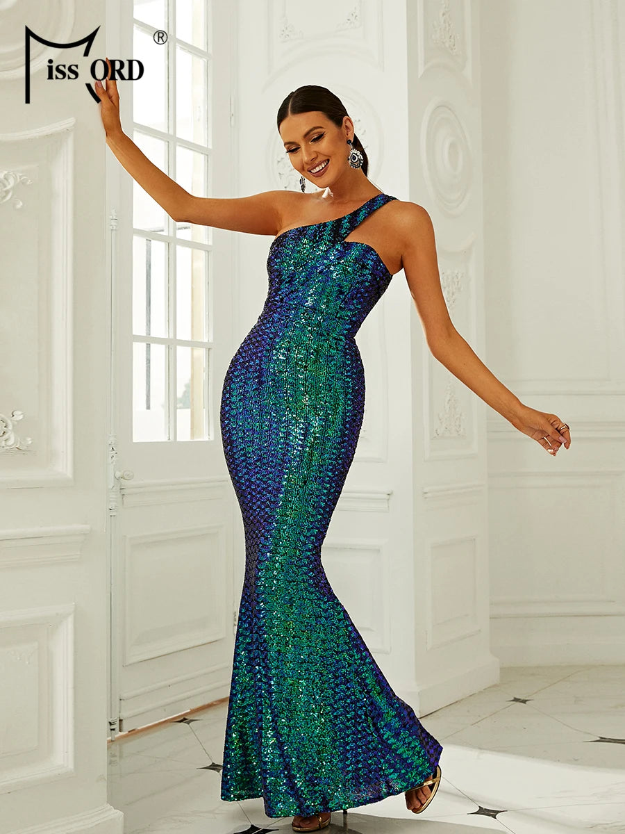 FZ Women's One Shoulder Asymmetrical Sequin Mermaid Cocktail Evening Dress