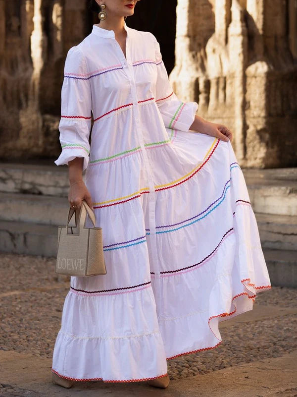 FZ Women's Evening Button Mock Neck Puff Sleeves A-line Maxi Dress