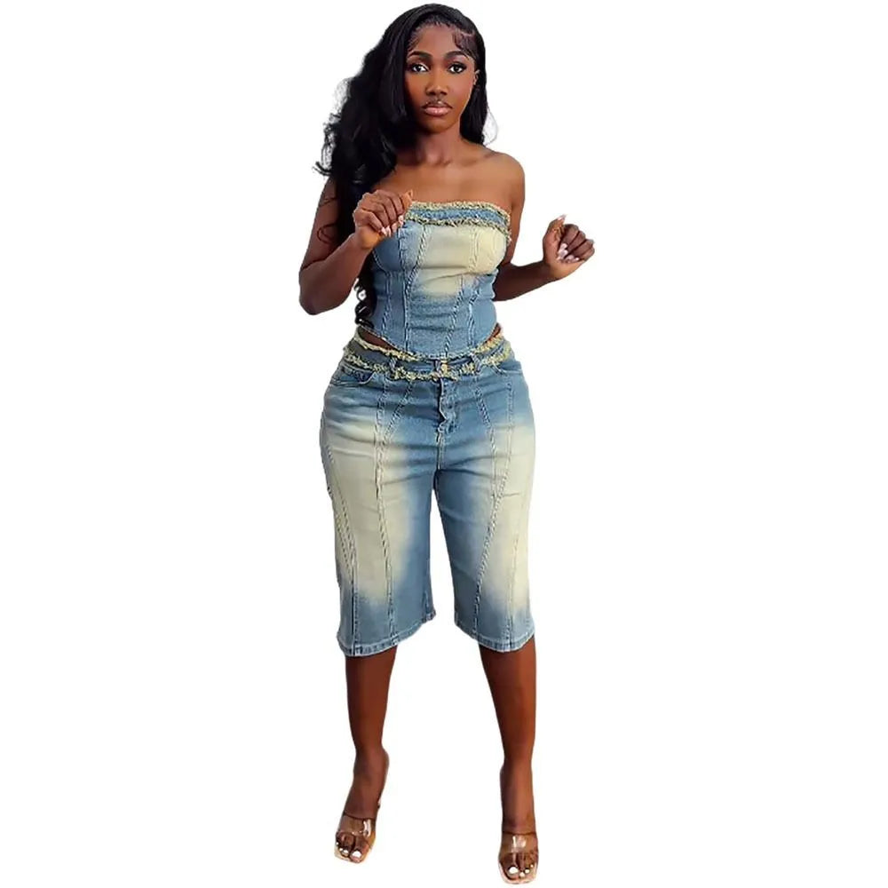 FZ Women's Fringed Strapless High-waisted Denim Shorts Suit