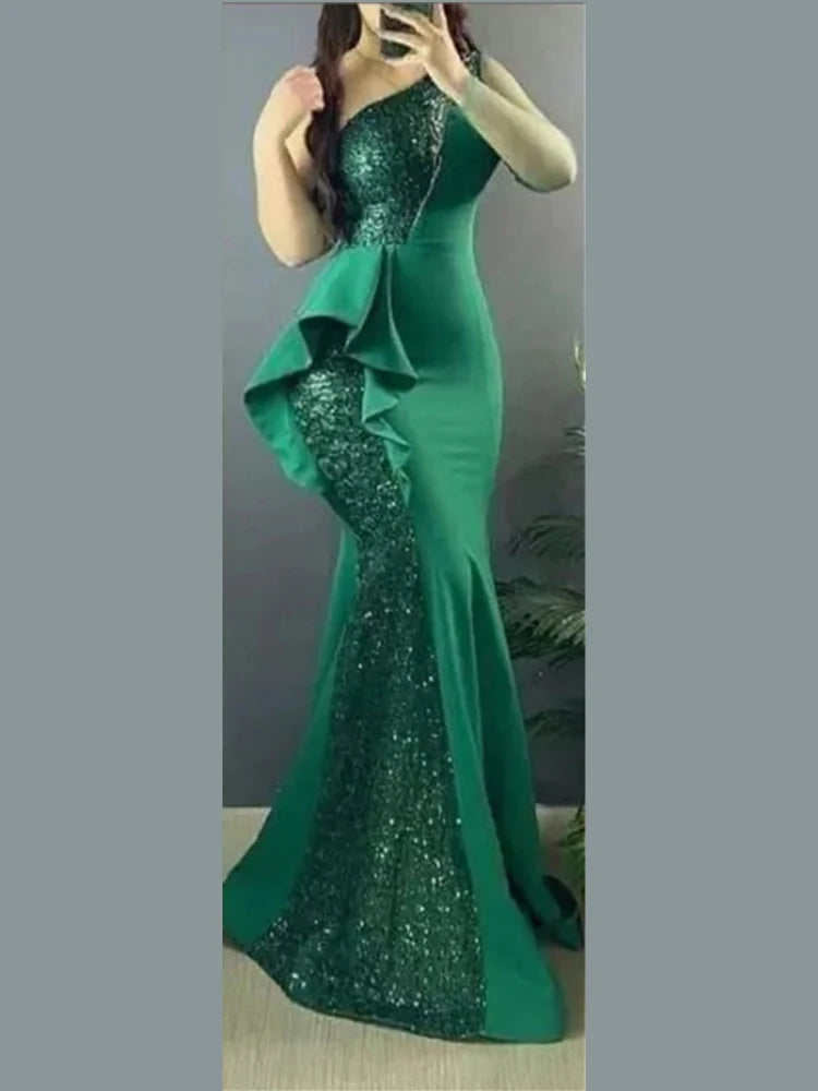 FZ Women's One Shoulder Ruffles Sequin Maxi Evening Dress