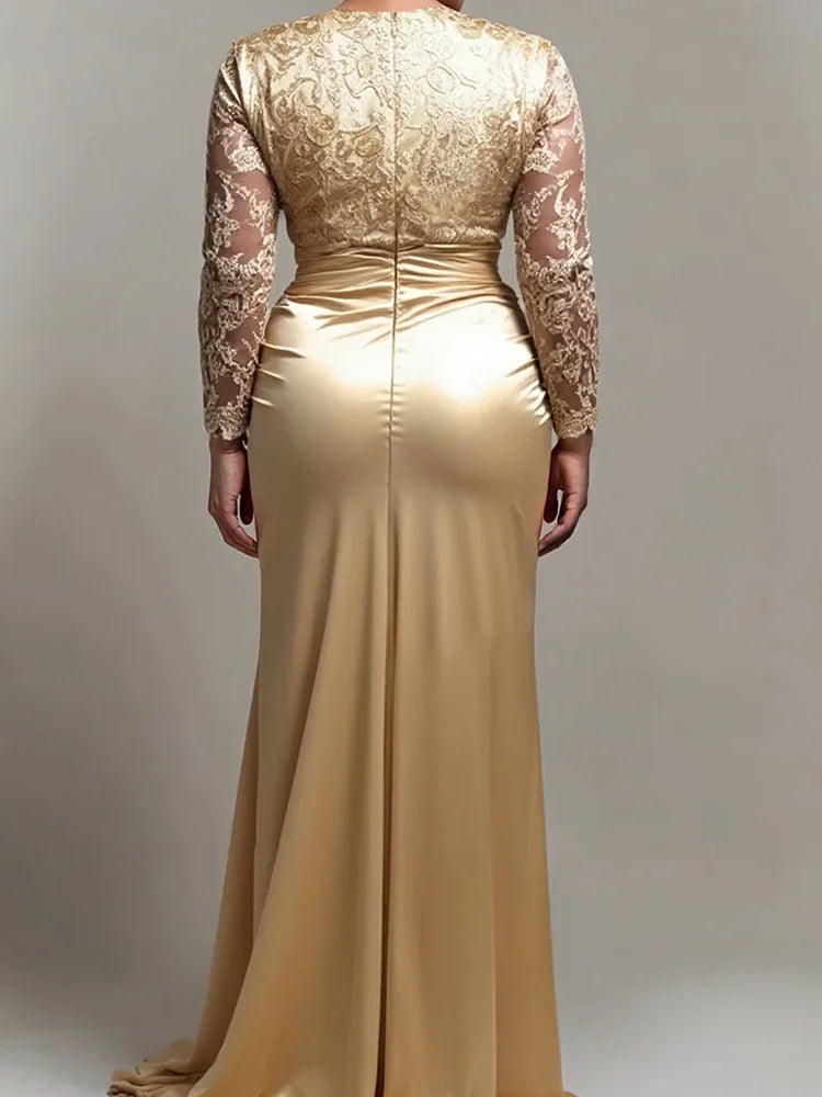 FZ Women's Vintage V-Neck Lace Ruched Full Sleeve Pleat Evening Dresses