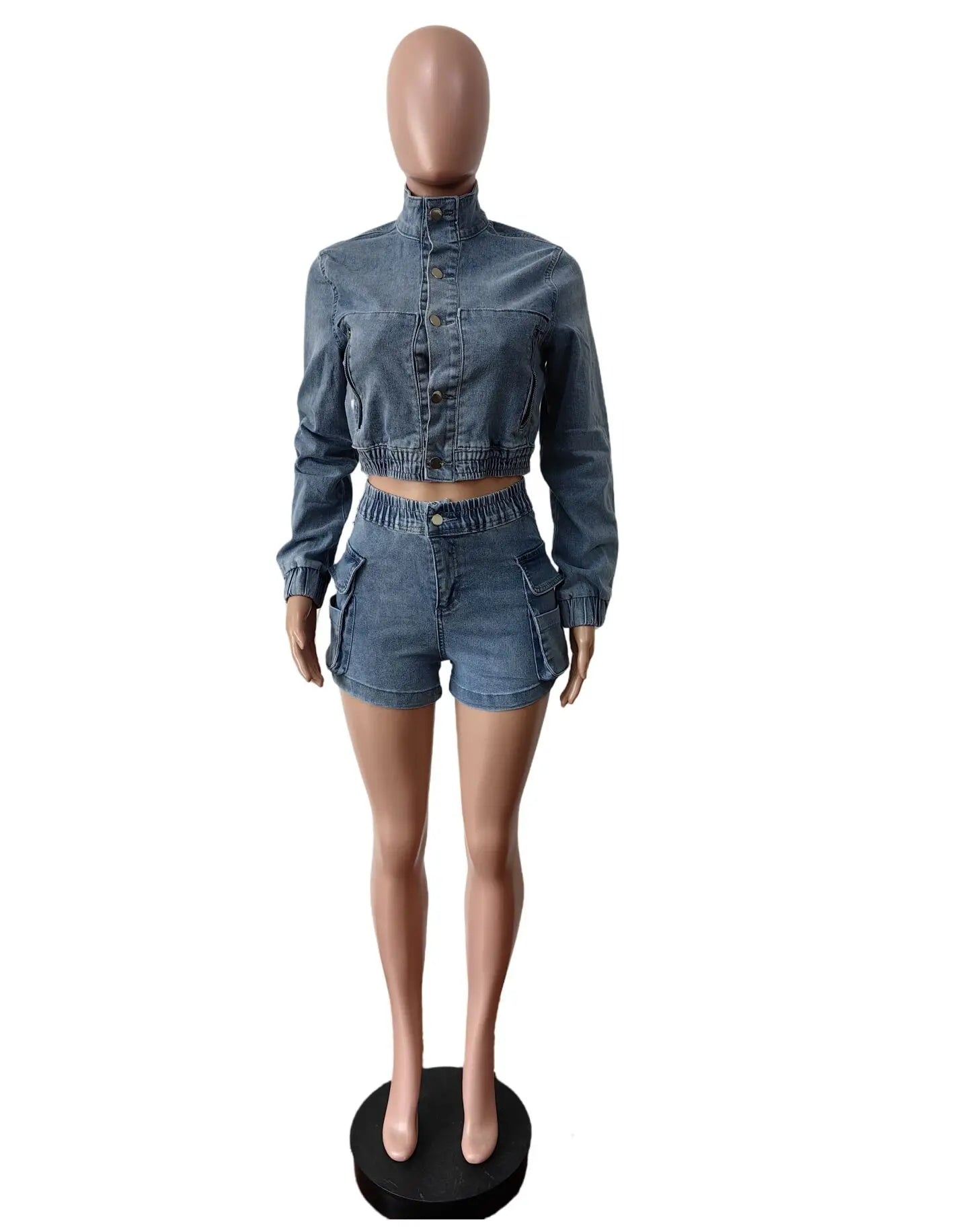 FZ Women's Multi Pockets Two Pieces Denim Shorts Suit