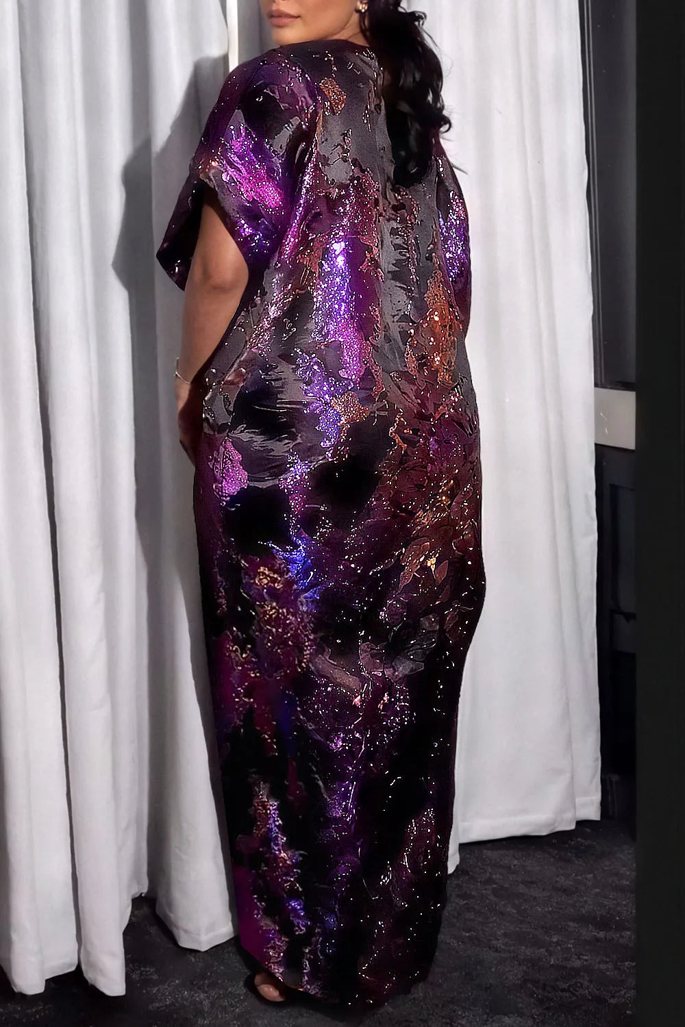 FZ Women's Plus Size Round Neck Short Sleeve Split Jacquard Maxi Dress