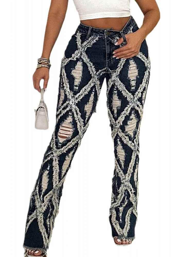 FZ Women's Vintage Street Distressed Wash Wide Leg High Waisted Denim Pants - FZwear