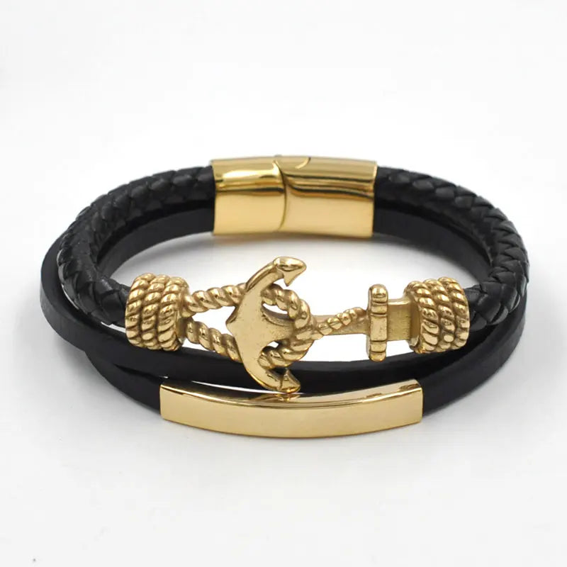 FZ Black Multilayer Leather Stainless Steel Anchor Magnetic Clasp Braided Bracelet - FZwear
