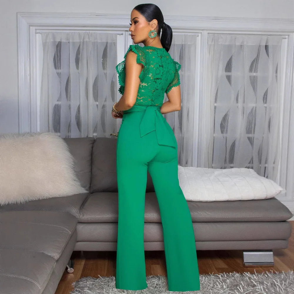 FZ Women's Lace See Though Patchwork Short Sleeve V-neck Jumpsuit