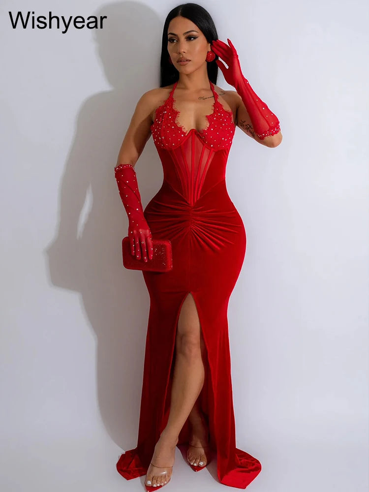 FZ Women's Lace Patchwork Mesh Cuff Velvet High Split Mermaid Maxi Evening Dress - FZwear