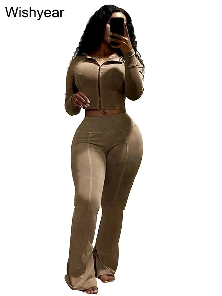 FZ Women's Sportswear Wash Retro Two 2 Piece Flared Pants Suit