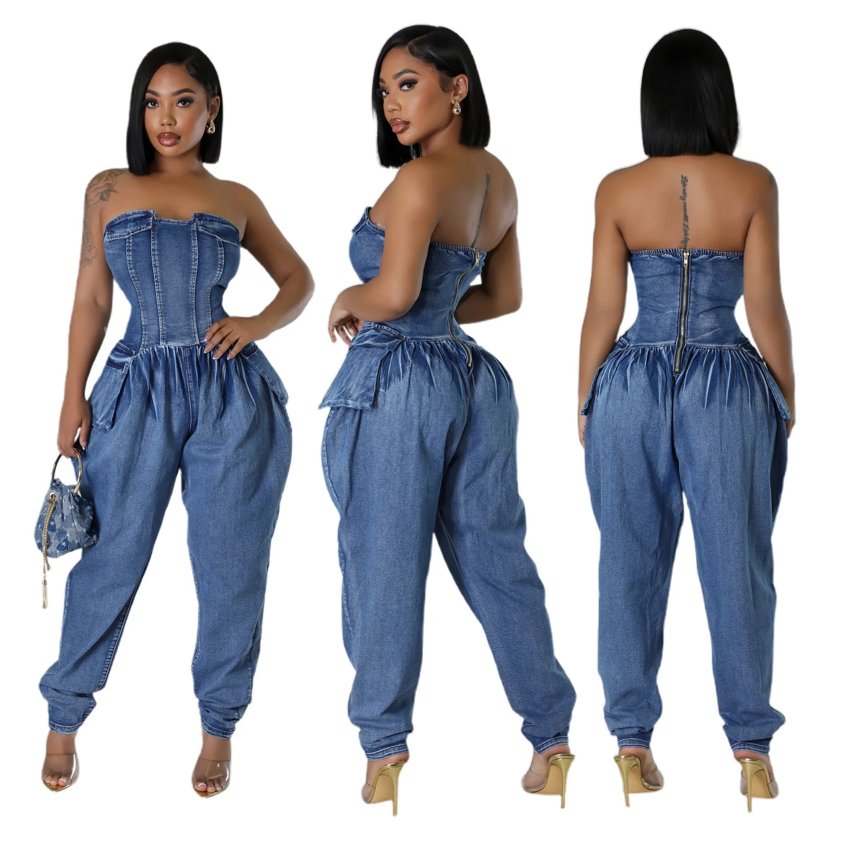 FZ Women's Multi Pockets Strapless Elegant Denim Jumpsuit
