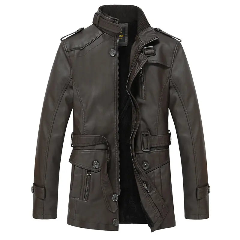 FZ Mens Long Windproof Solid Color Slim PU Leather Jacket