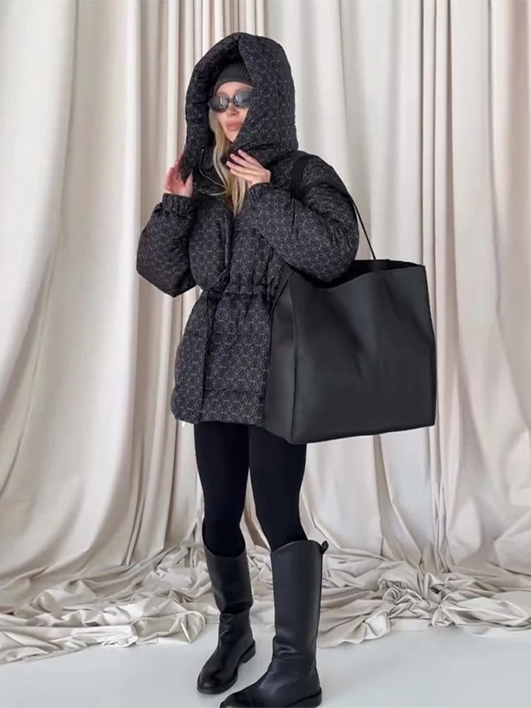 FZ Women's Padded Printed Outerwear Waist-Cinching Coat Jacket