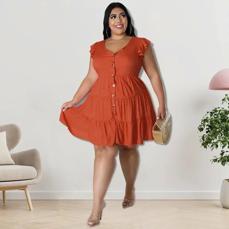 FZ Women's Plus Size Solid Ruffles Short Sleeve Turn-down Collar Single Breasted Dress