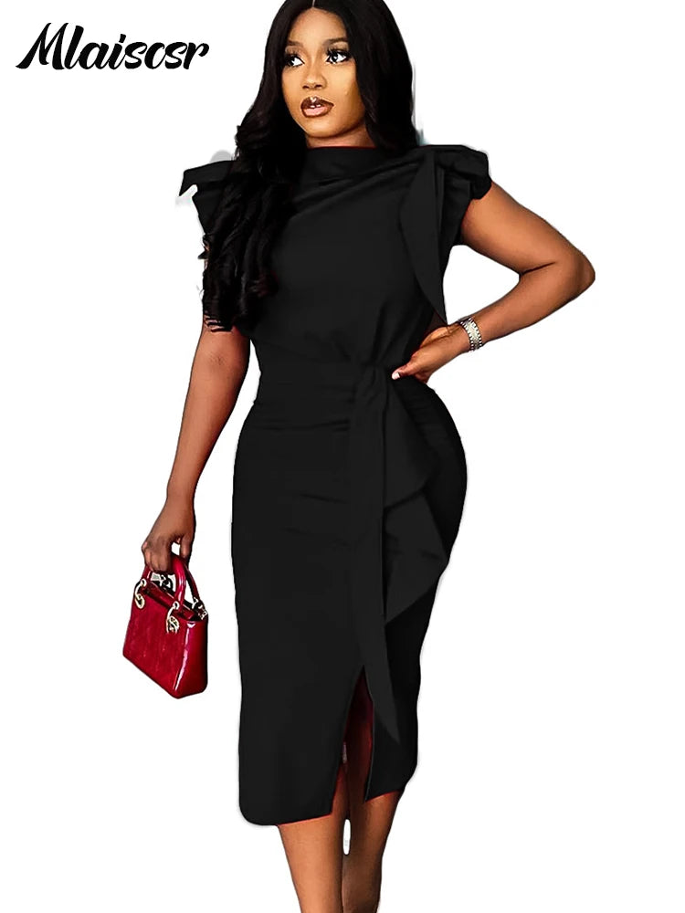 FZ Women's Ruffles Wrap Hip O Neck Short Sleeve Pencil Evening Dress