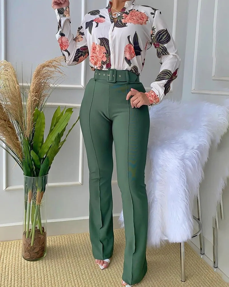FZ Women's Leaf Print High Waist Two Pieces Pants Suit - FZwear