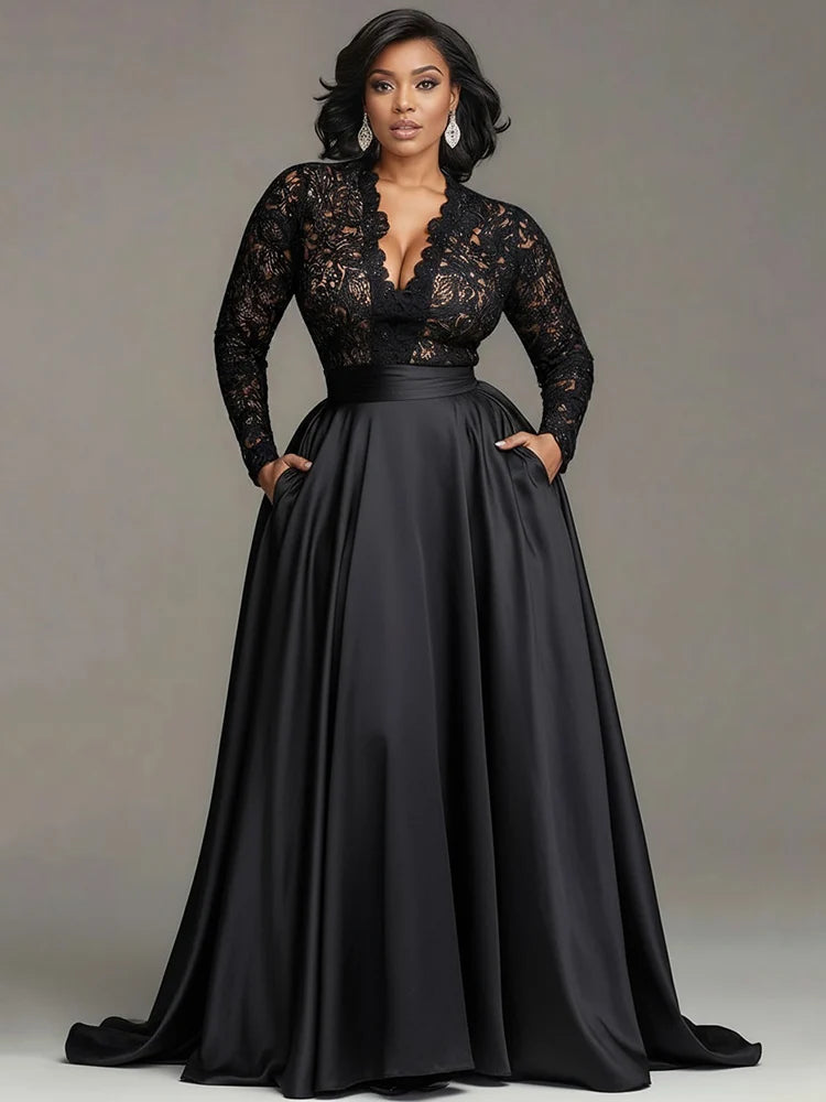 FZ Women’s Plus Size Lace Hollow Out Black V-Neck Cocktail Maxi Evening Dress