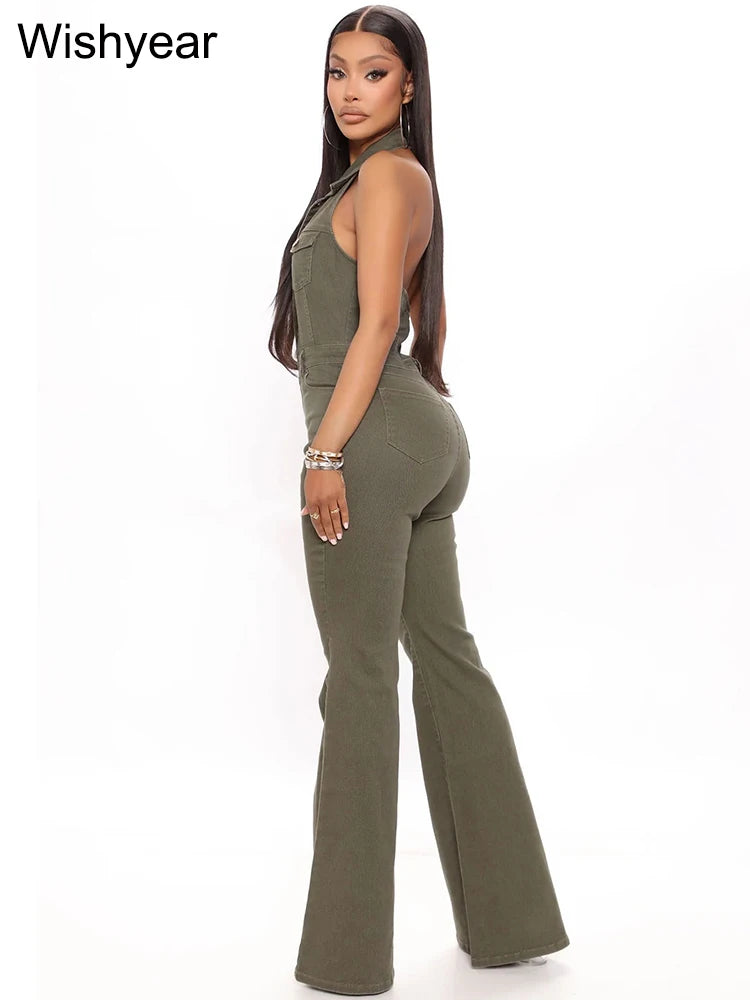 FZ Women's Halter Backless Wide Leg Streetwear One Piece Denim Jumpsuit