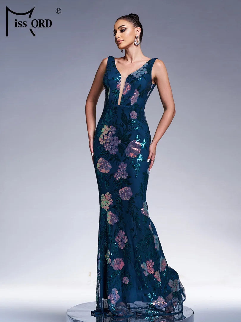 FZ Women's V Neck Sleeveless Sequin Mermaid Evening Dress