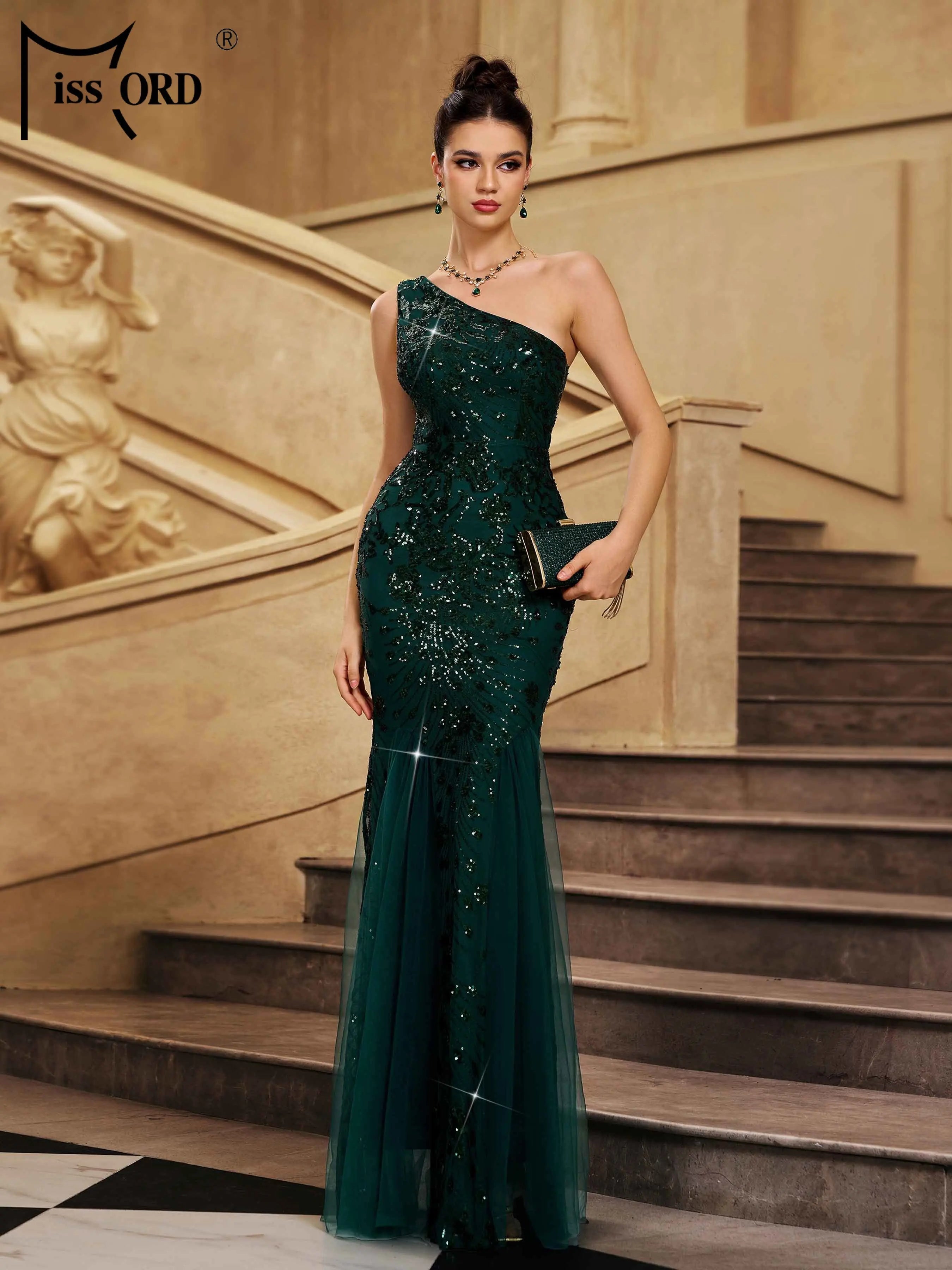 FZ Women's One Shoulder Sequin Mermaid Maxi Evening Dress