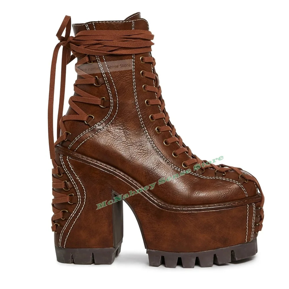 FZ Women's Straps Lace Up Round Toe High Platform Thick Ankle Boots